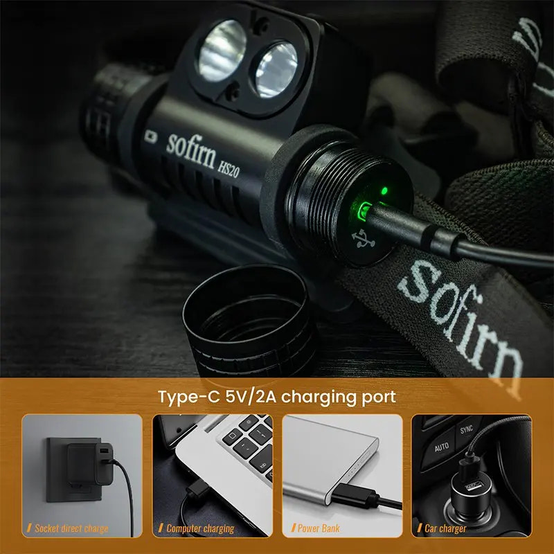 flashlight with charging port and 'sofirn' branding, showing charging options.
