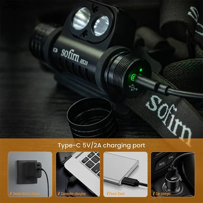 flashlight with charging port and 'sofirn' branding, showing charging options.