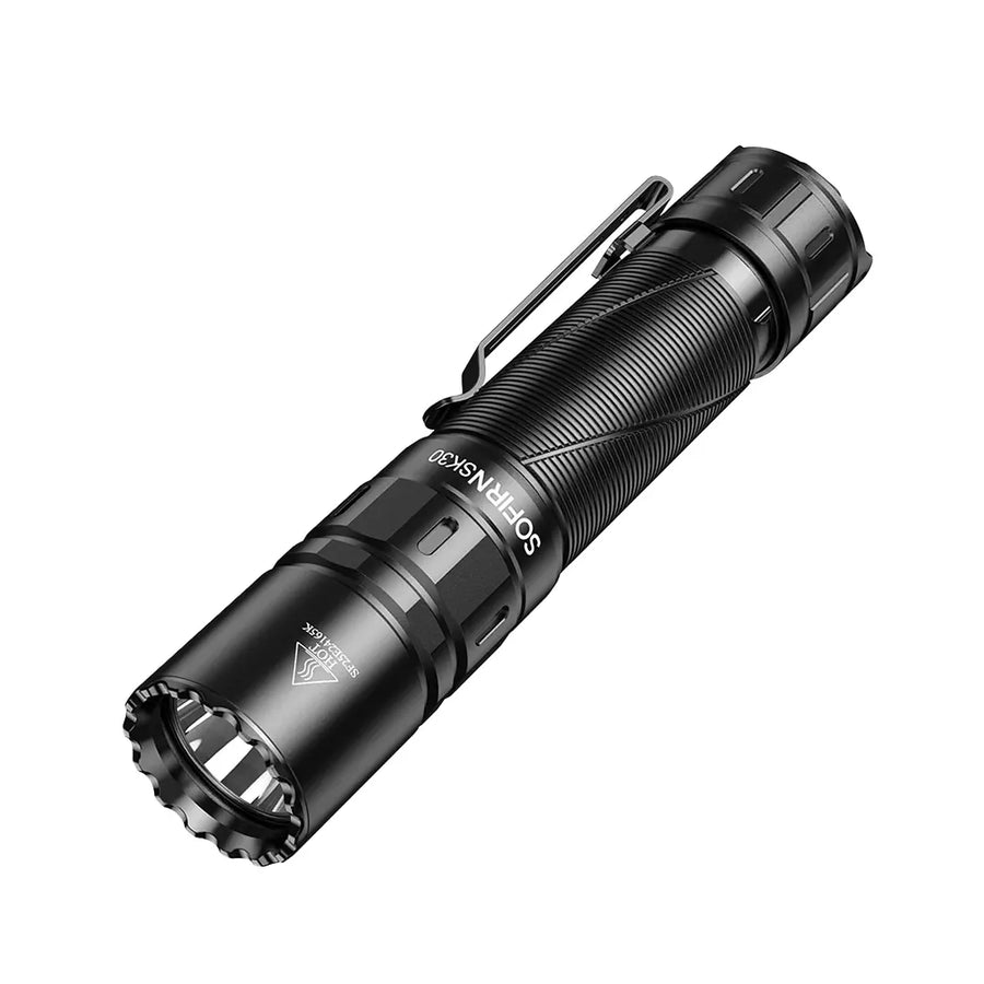 Black flashlight with a visible brand logo on a white background