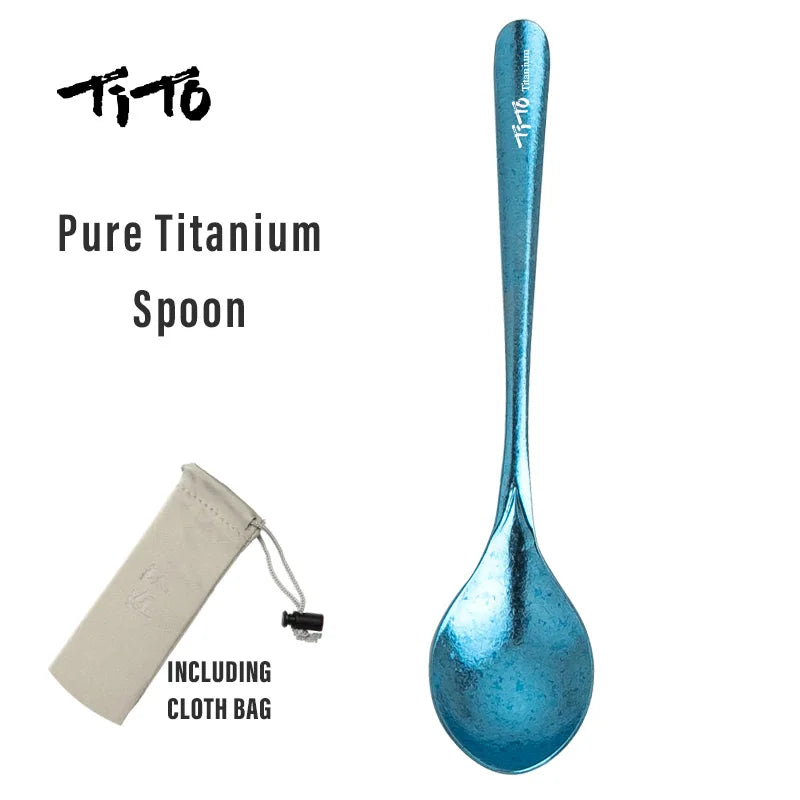Blue titanium spoon with Tito branding and a cloth bag on a white background