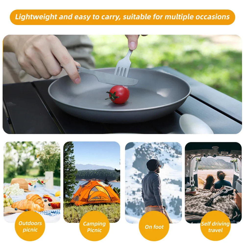 Camping table with a gray plate, fork, and tomato, surrounded by outdoor activities.
