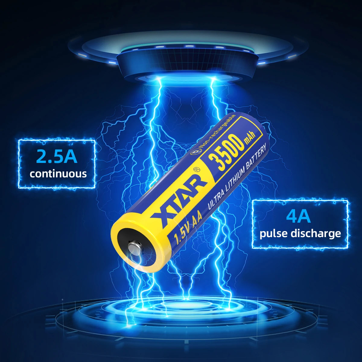 Xtar battery with lightning effects on a dark background
