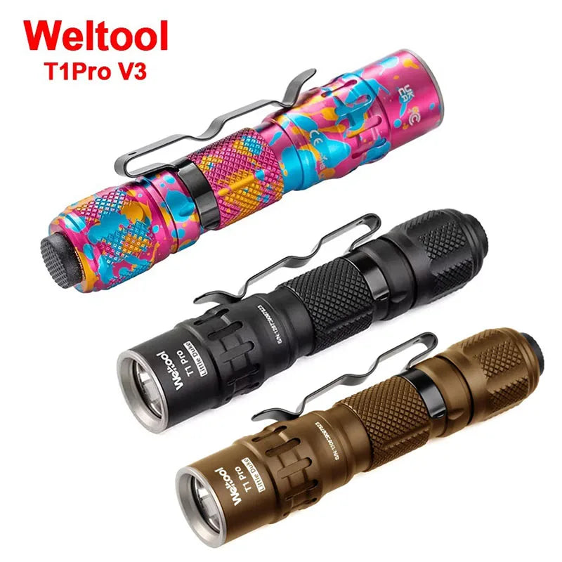 Three flashlights in colorful, black, and brown designs with 'Weltool' branding on a white background.