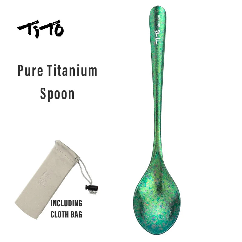 Pure Titanium Spoon with cloth bag on a white background, featuring the brand 'Tito'.