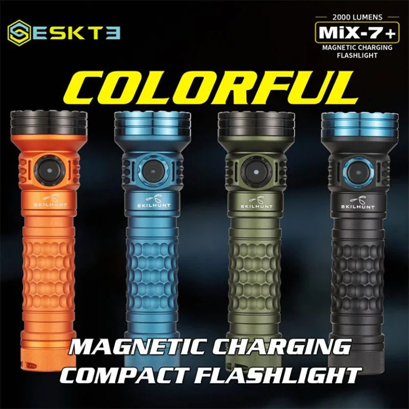 Four colorful compact flashlights with magnetic charging feature on a dark background, featuring the brand 'ESKT3'.