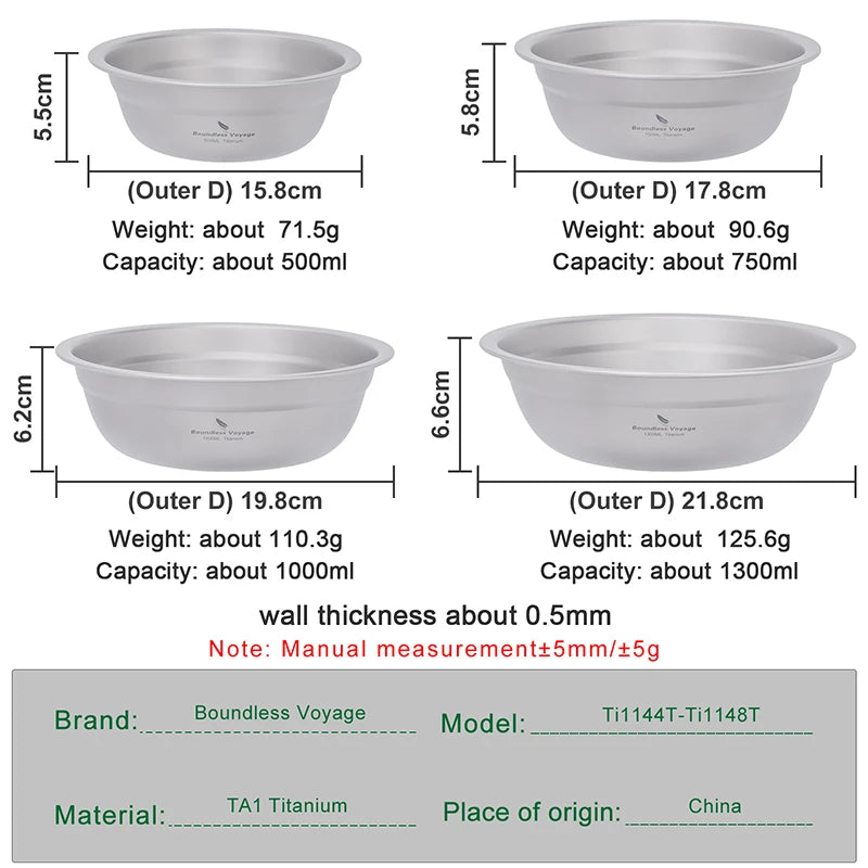 Set of titanium bowls with measurements, weights, and capacities on a white background