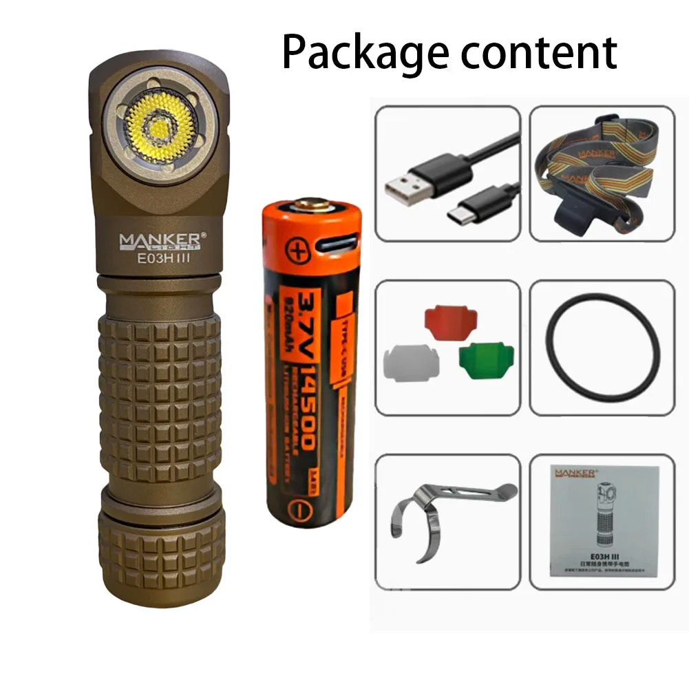 Manker flashlight and battery with package content on a white background