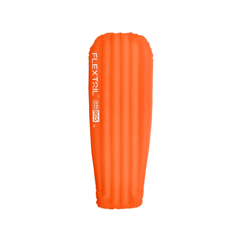 Orange inflatable sleeping pad with 'Flextail' branding on a white background
