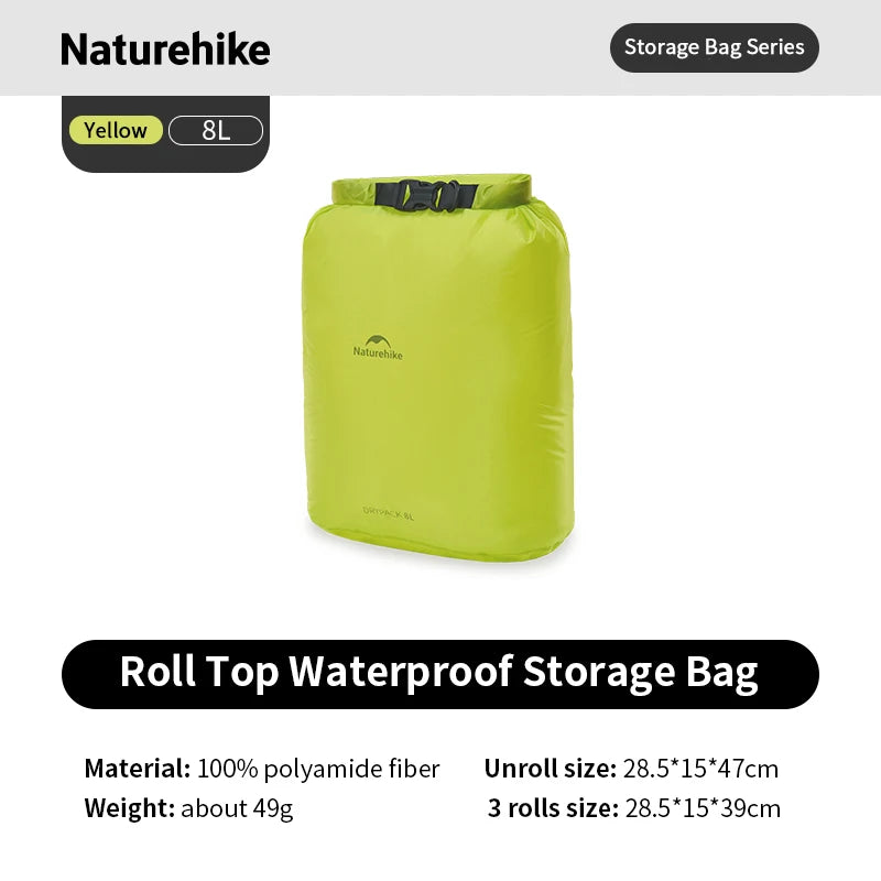 Yellow roll top waterproof storage bag with Naturehike branding on a white background