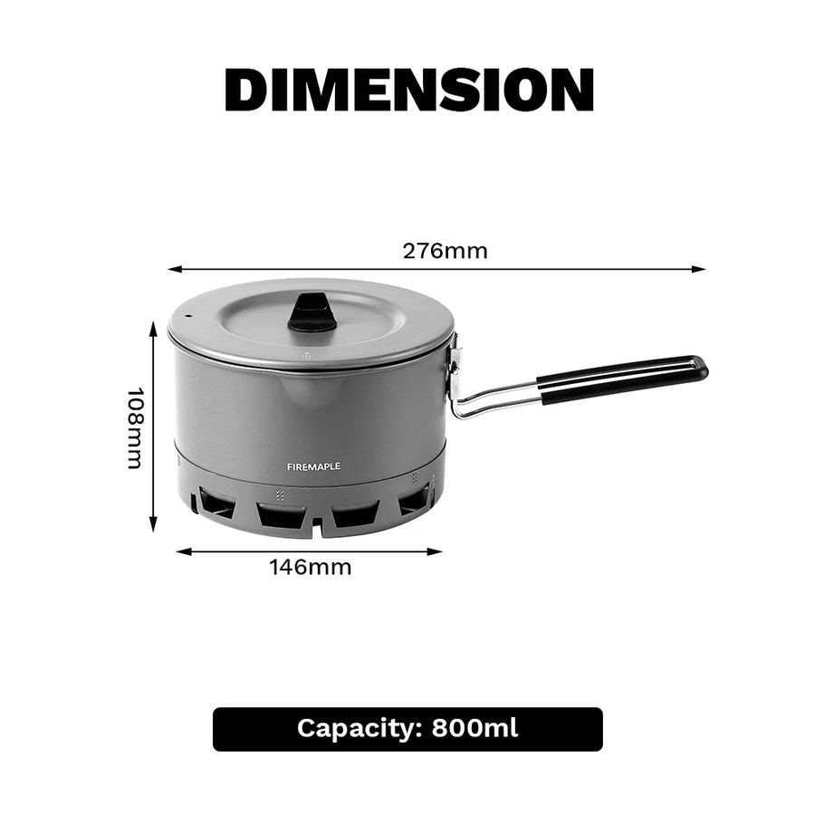 Measurement chart of a camping pot with dimensions and capacity label on a white background