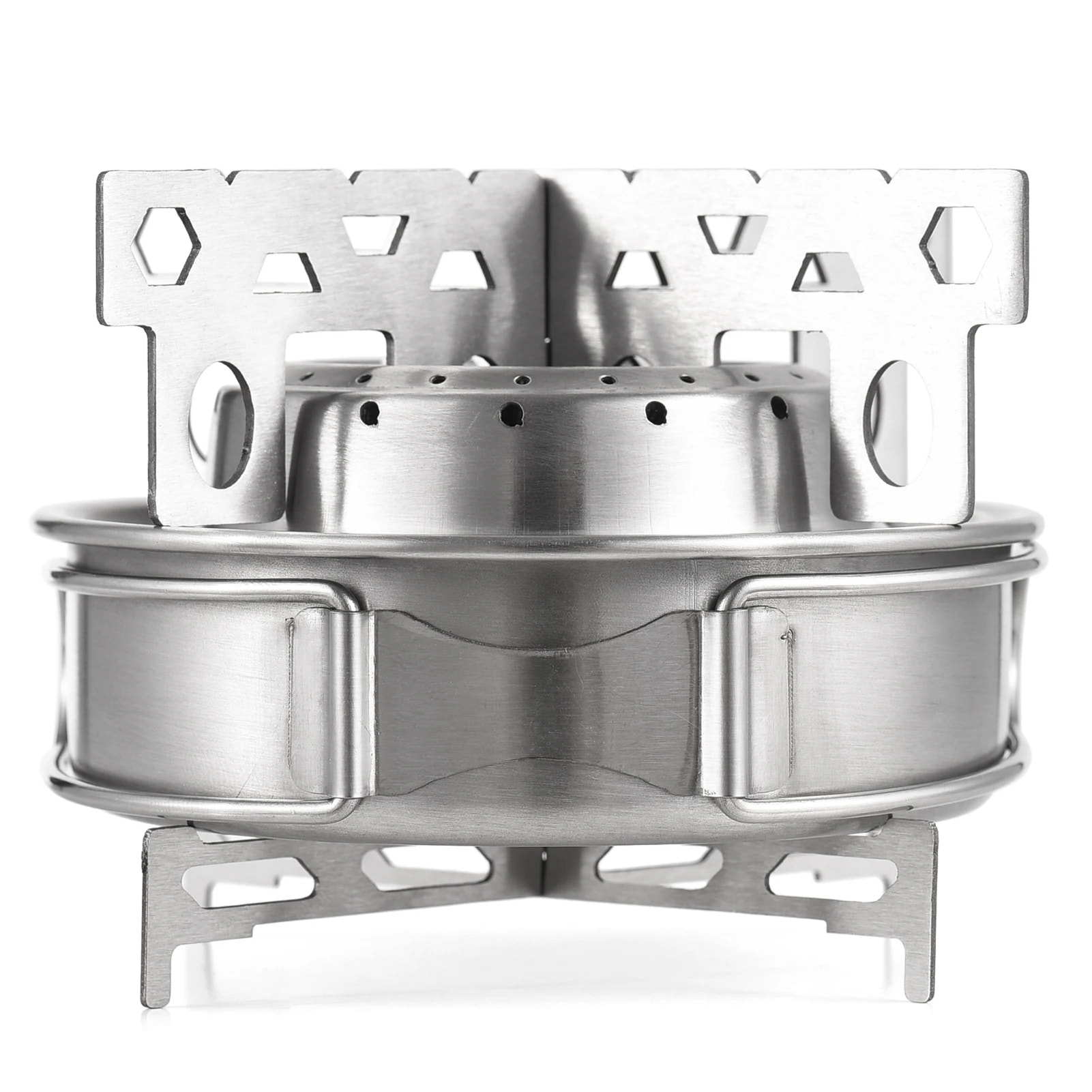 Stainless steel camping stove on a white background