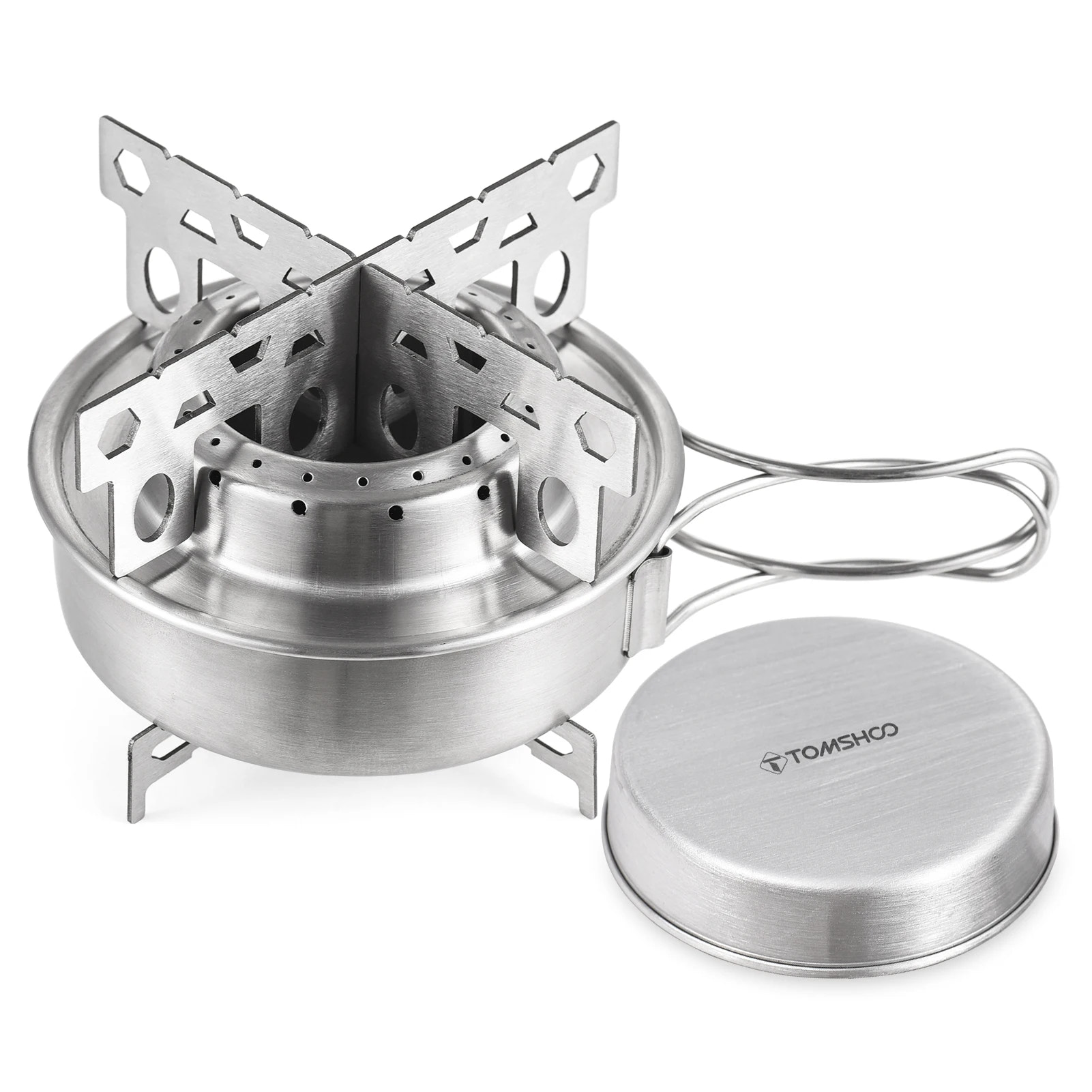 Stainless steel camping stove with a lid on a white background