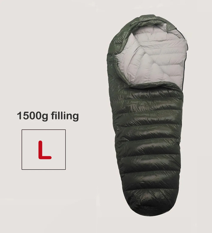 Green sleeping bag with 1500g filling label on a light gray background