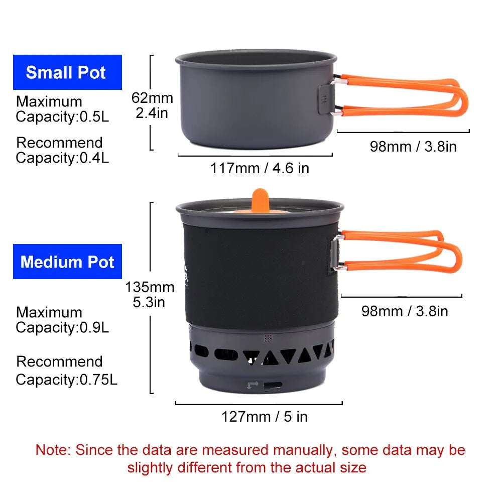 Measurement chart of small and medium pots with dimensions and capacities.