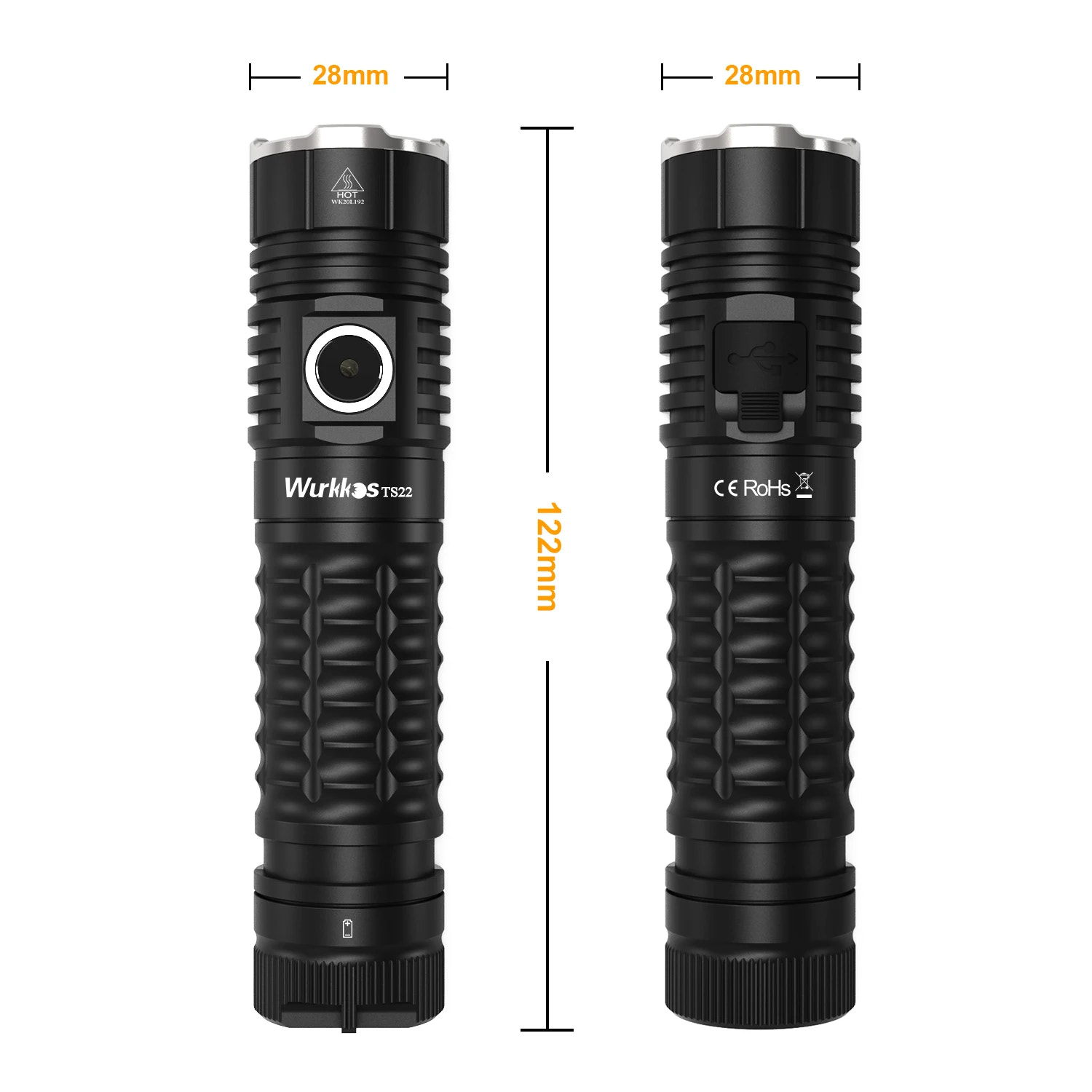 Two black flashlights with measurements on a white background