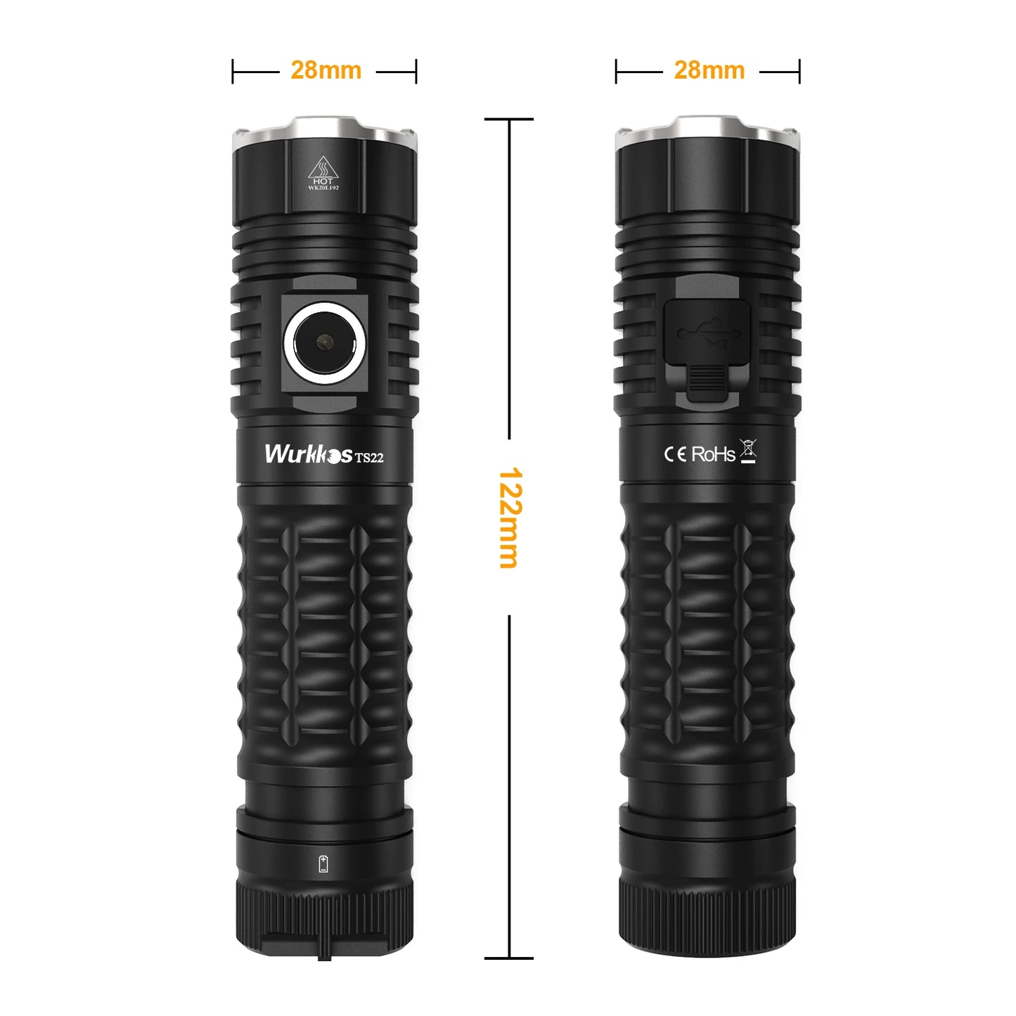 Two black flashlights with measurements on a white background