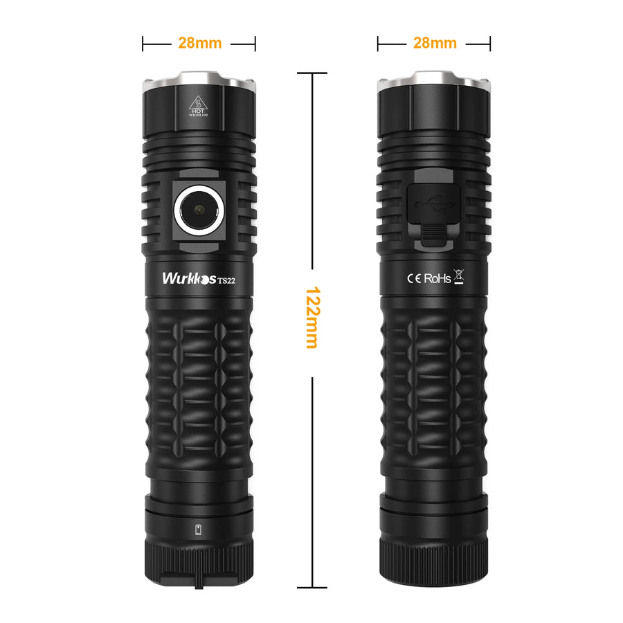 Two black flashlights with measurements on a white background