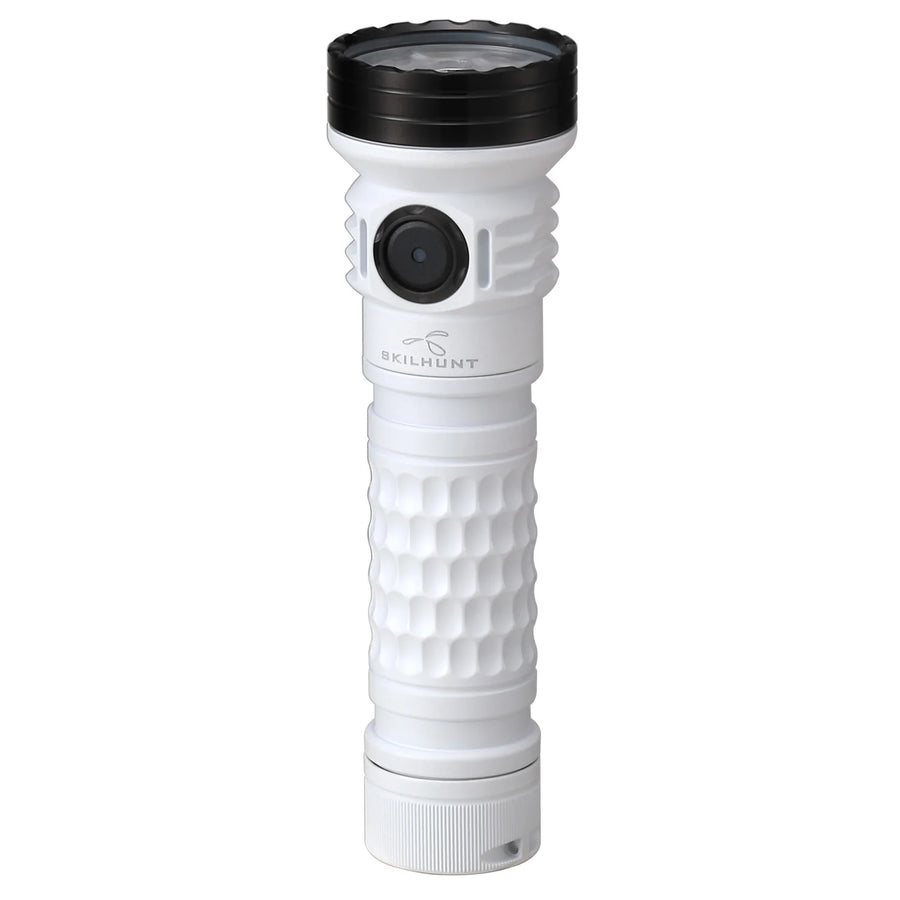 White flashlight with textured grip and black top on a white background