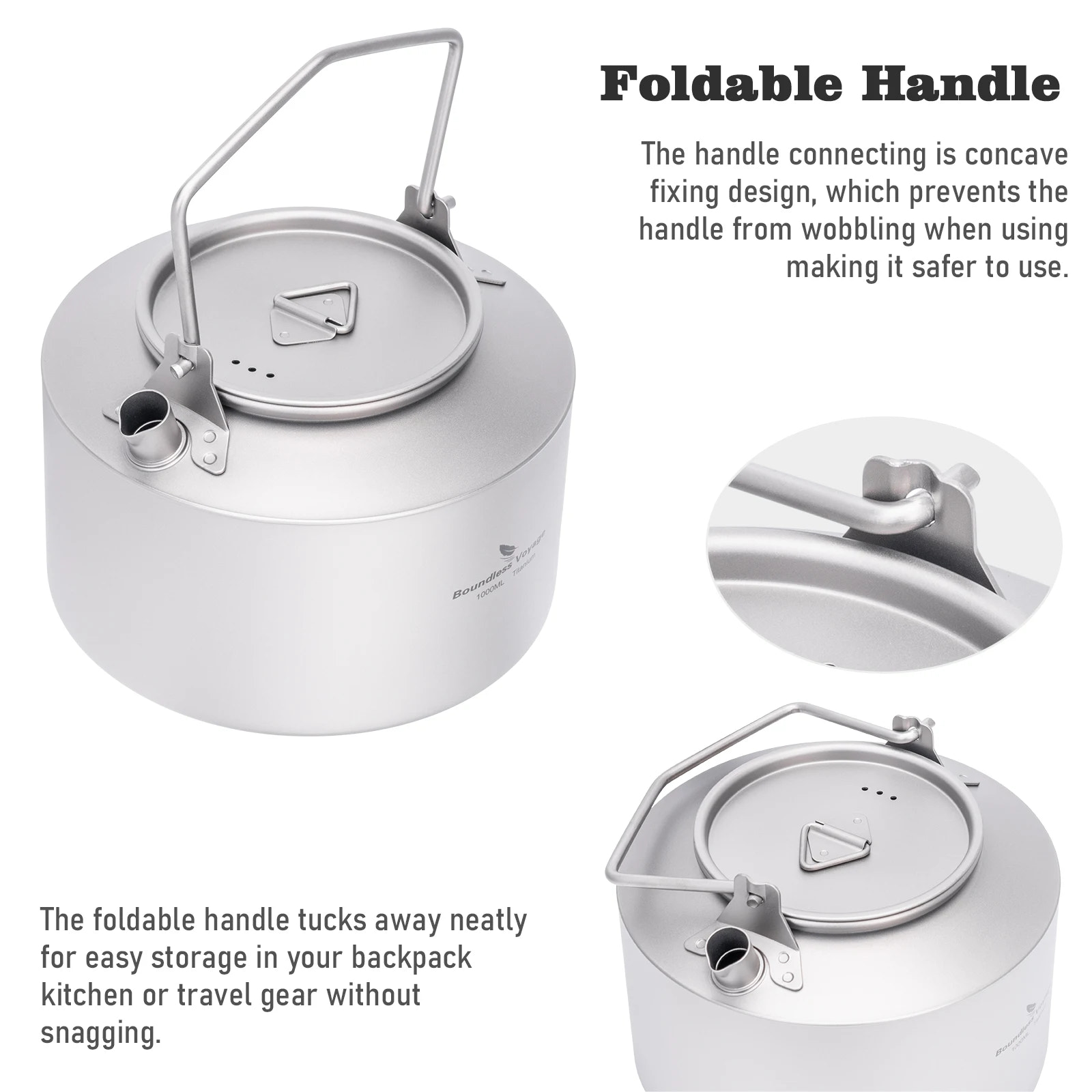 Camping kettle with foldable handle and text explaining its design