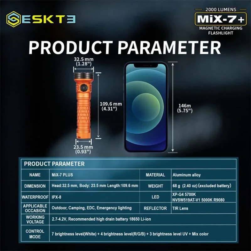 ESKTE Mix-7+ magnetic charging flashlight product parameter display with smartphone for scale.