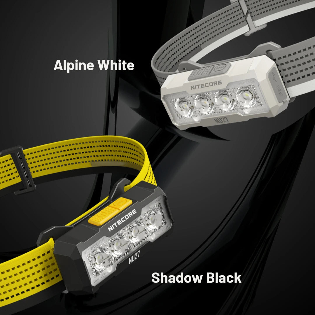 Two headlamps, one in Alpine White and one in Shadow Black, on a black background.