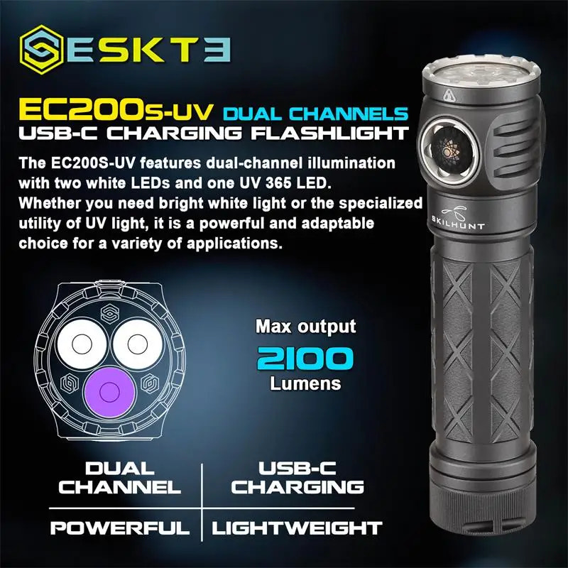 Skilhunt ESKT3 EC200S-UV flashlight with features highlighted on a dark background