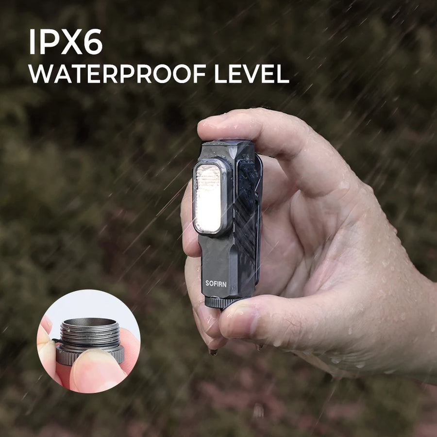 Hand holding a flashlight with IPX6 waterproof level text and inset showing water ingress.