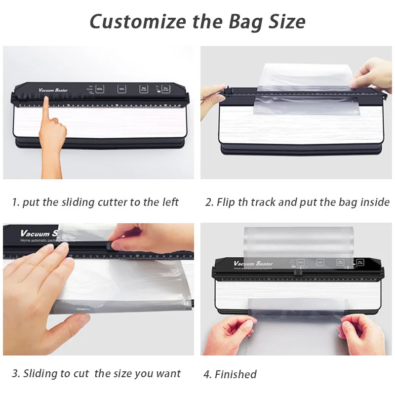 Instructions for using a vacuum sealer to customize bag size on a white background