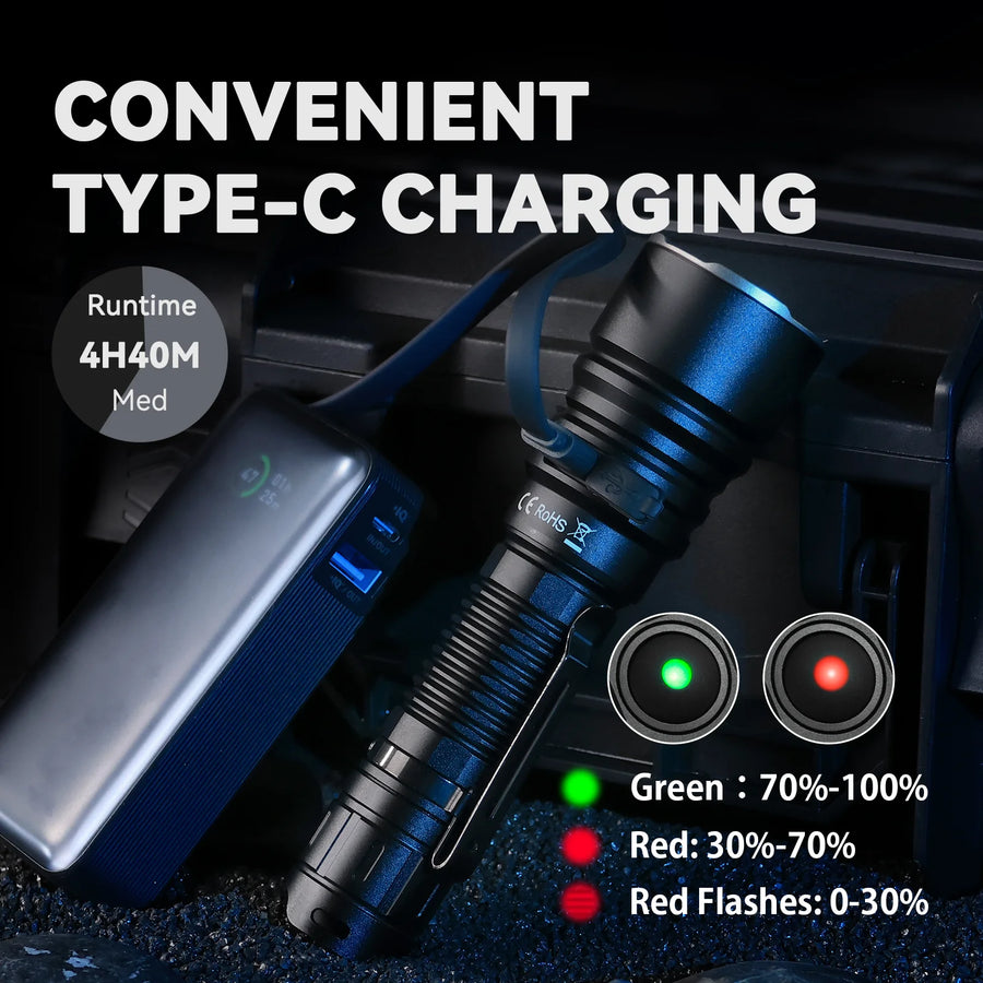 Blue flashlight with charging cable and charging indicator lights on a dark background