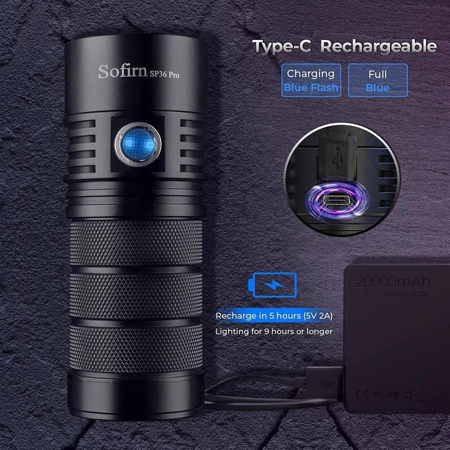 Black flashlight with charging and light indicators on a dark textured background