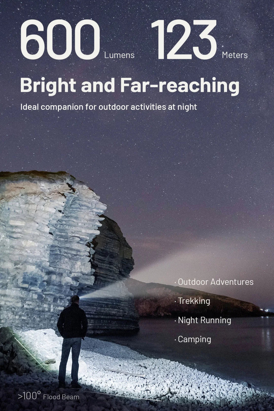 Person standing on a rocky shore with a light beam illuminating the area, against a dark sky.