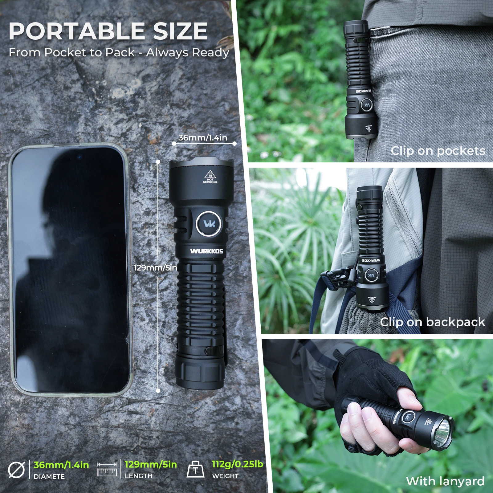 Black flashlight with various uses and features displayed on a gray background