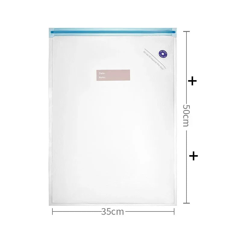 Clear ziplock bag with blue zipper and measurements on a white background