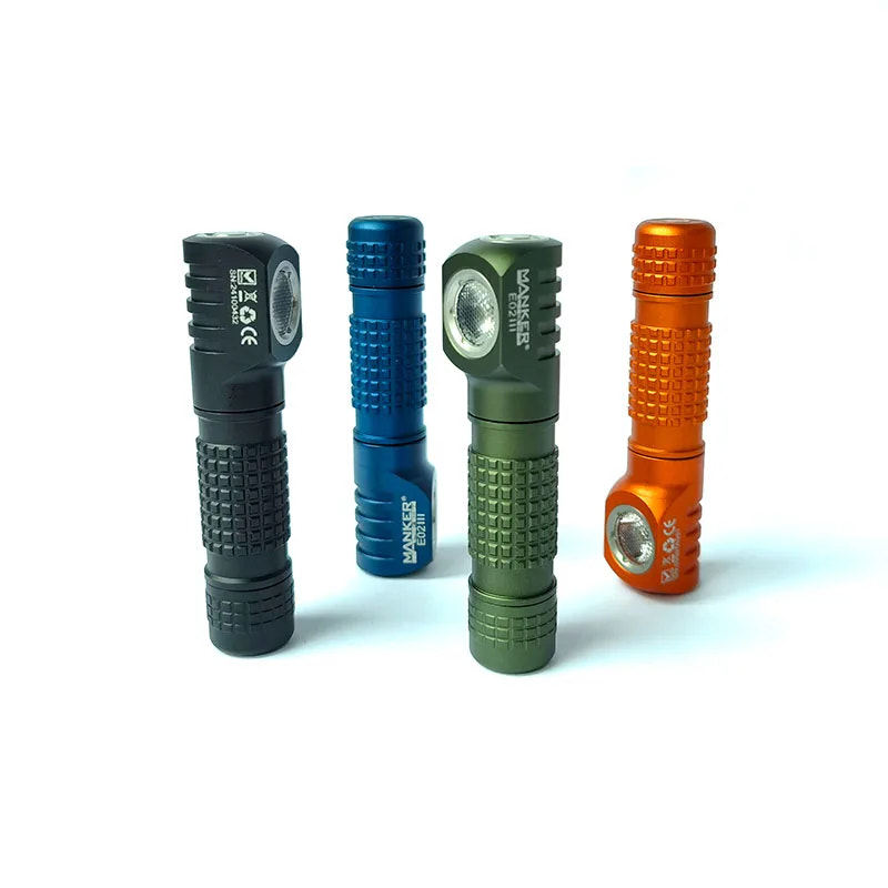 Four flashlights in black, blue, green, and orange on a white background