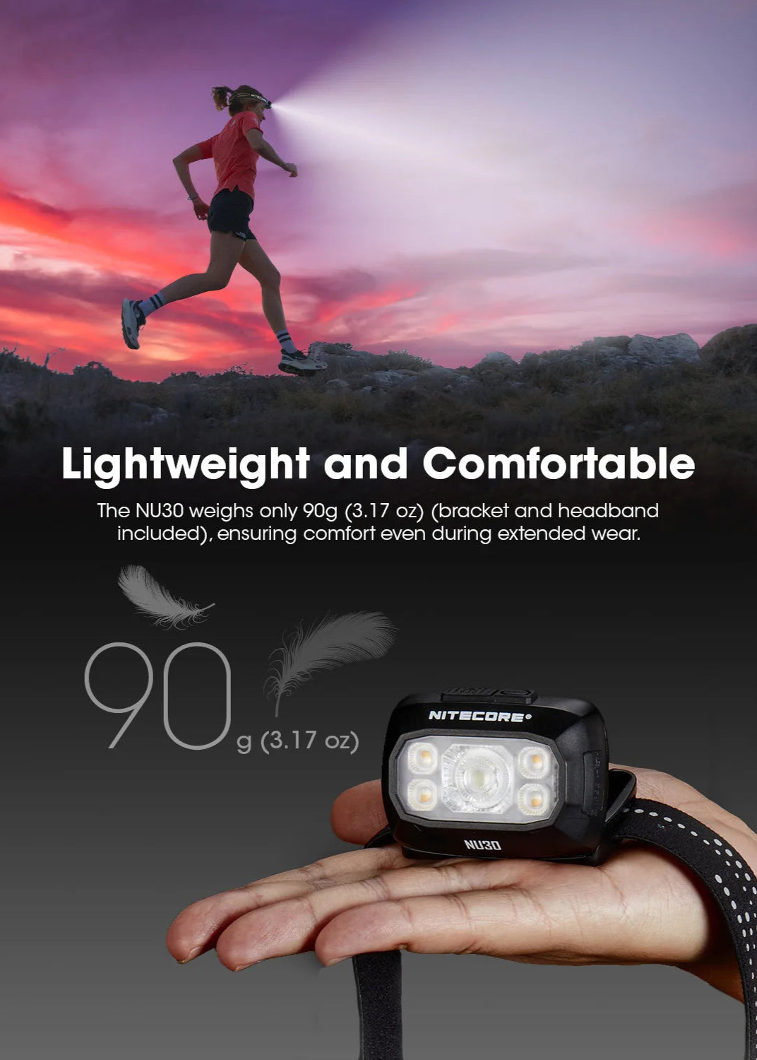Person running with a Nitecore headlamp during sunset, highlighting the product's lightweight and comfortable design.