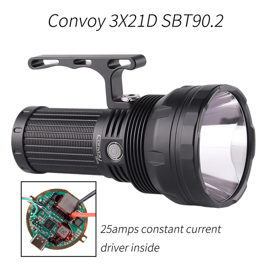 Black flashlight with detailed view of internal components on a white background