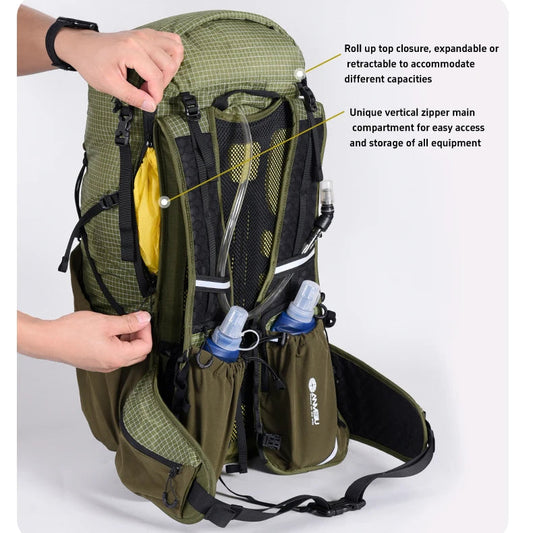 Green backpack with features highlighted on a white background