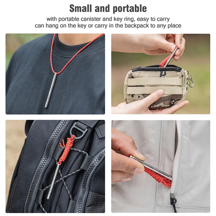 Small and portable canister with key ring, shown being used on a backpack and jacket.