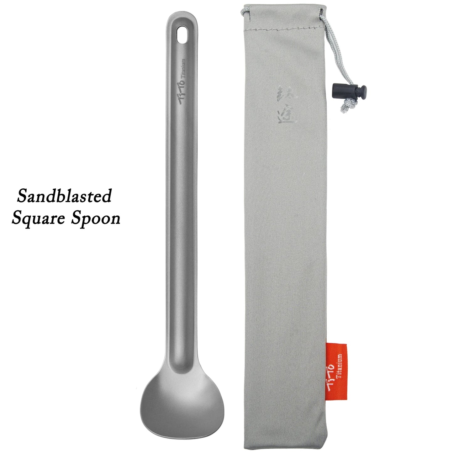 Sandblasted square spoon with a carrying case on a white background