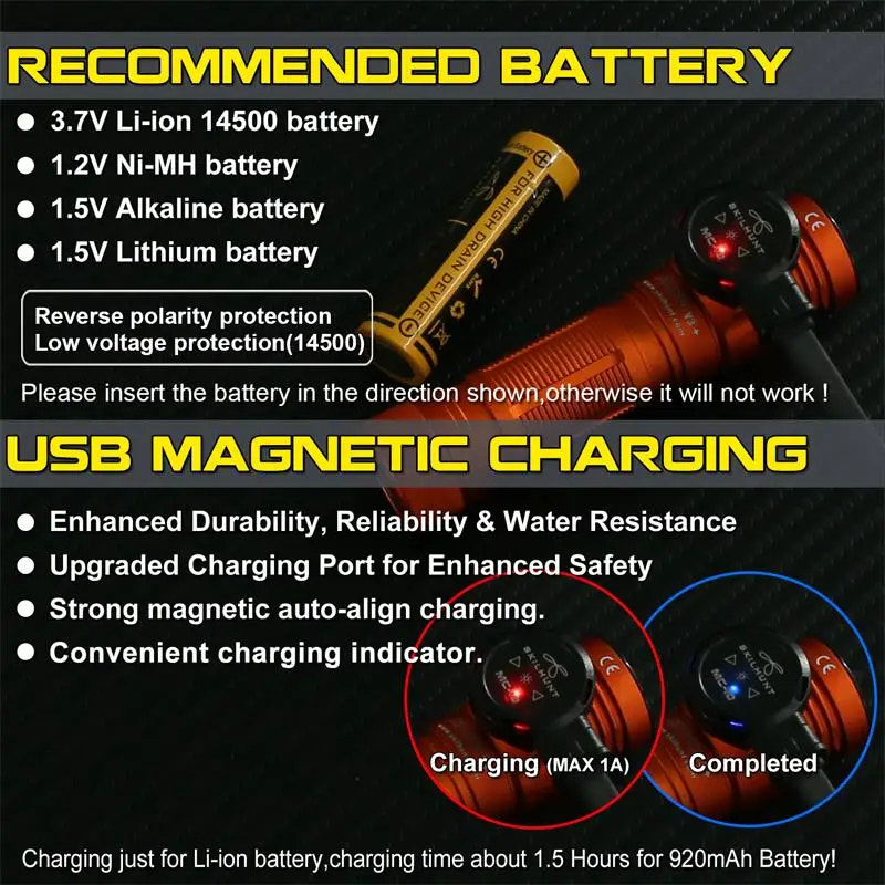 Product details with battery compatibility and USB magnetic charging features on a black background.