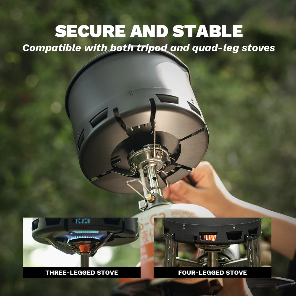 Person holding a camping stove with text indicating compatibility and stability.