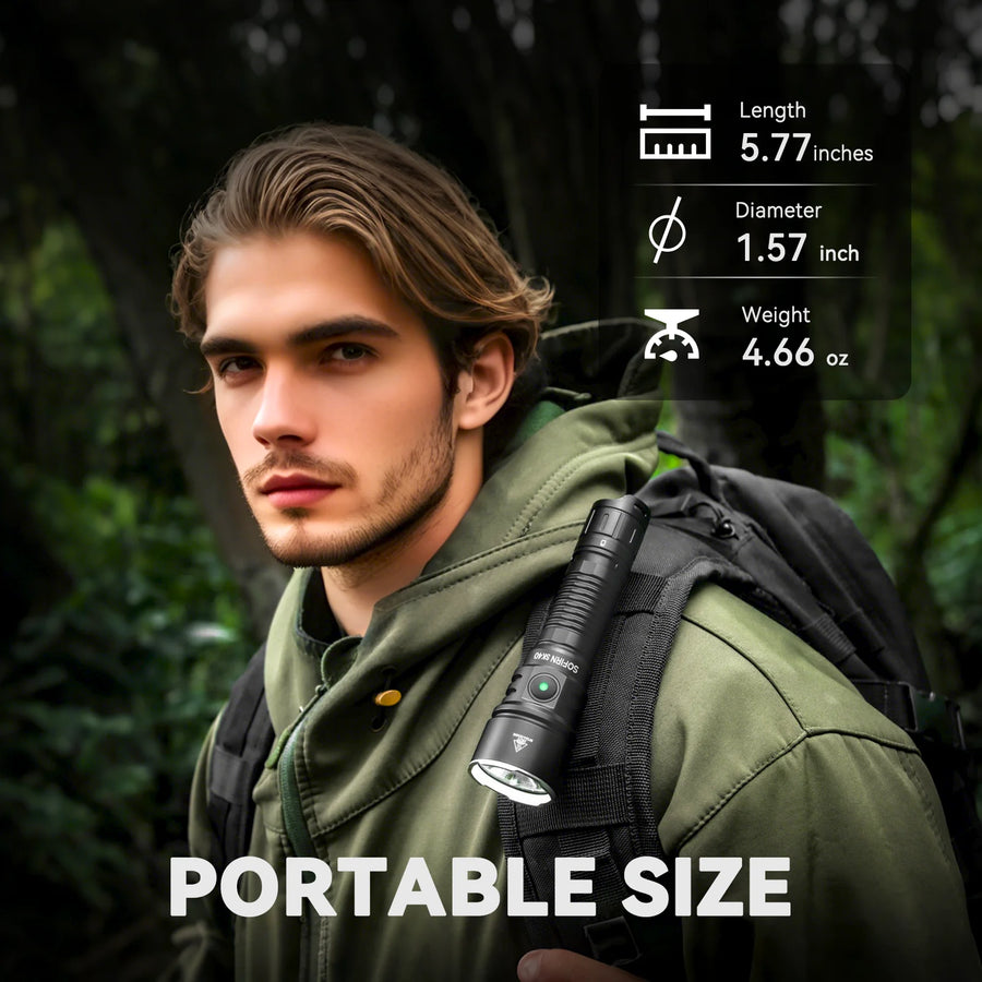 Man wearing a green jacket with a flashlight on his chest, surrounded by nature.