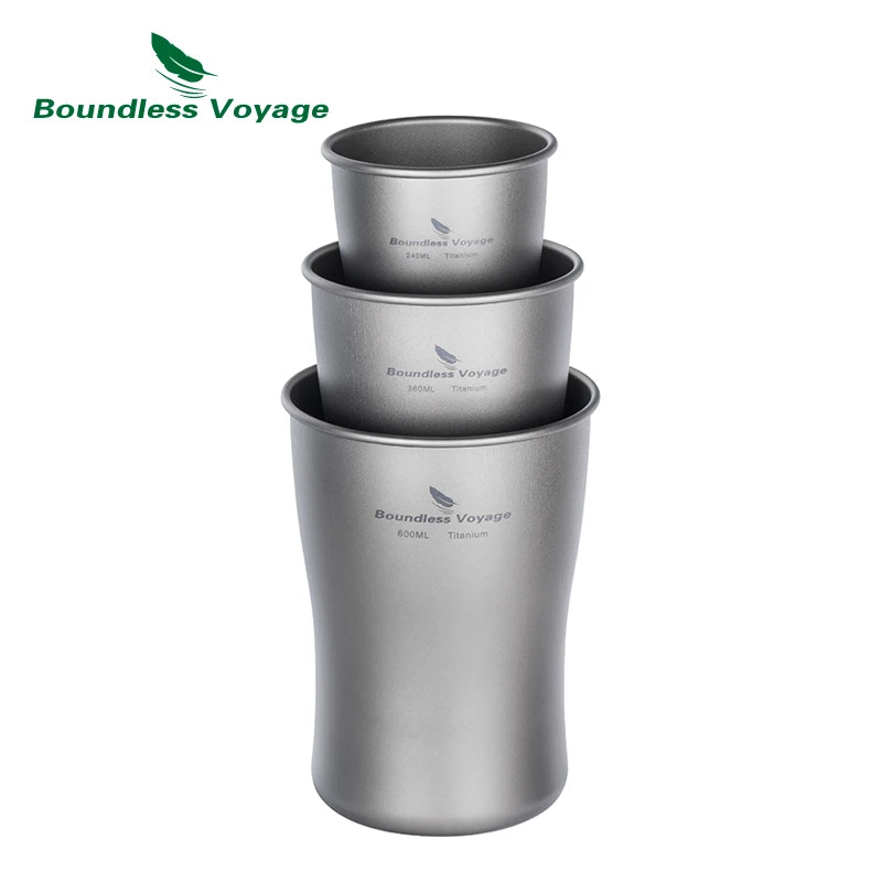 Three stacked titanium cups with 'Boundless Voyage' branding on a white background.