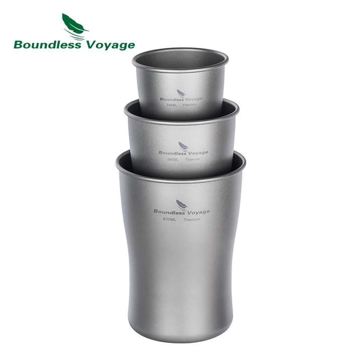 Three stacked titanium cups with 'Boundless Voyage' branding on a white background.