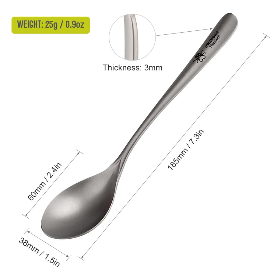 titanium spoon with measurements and weight information on a white background