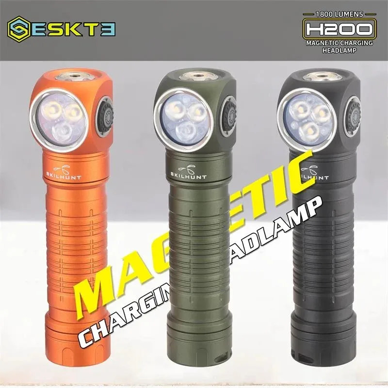 Three headlamps in orange, green, and black with 'ESKTE' branding on a gray background.