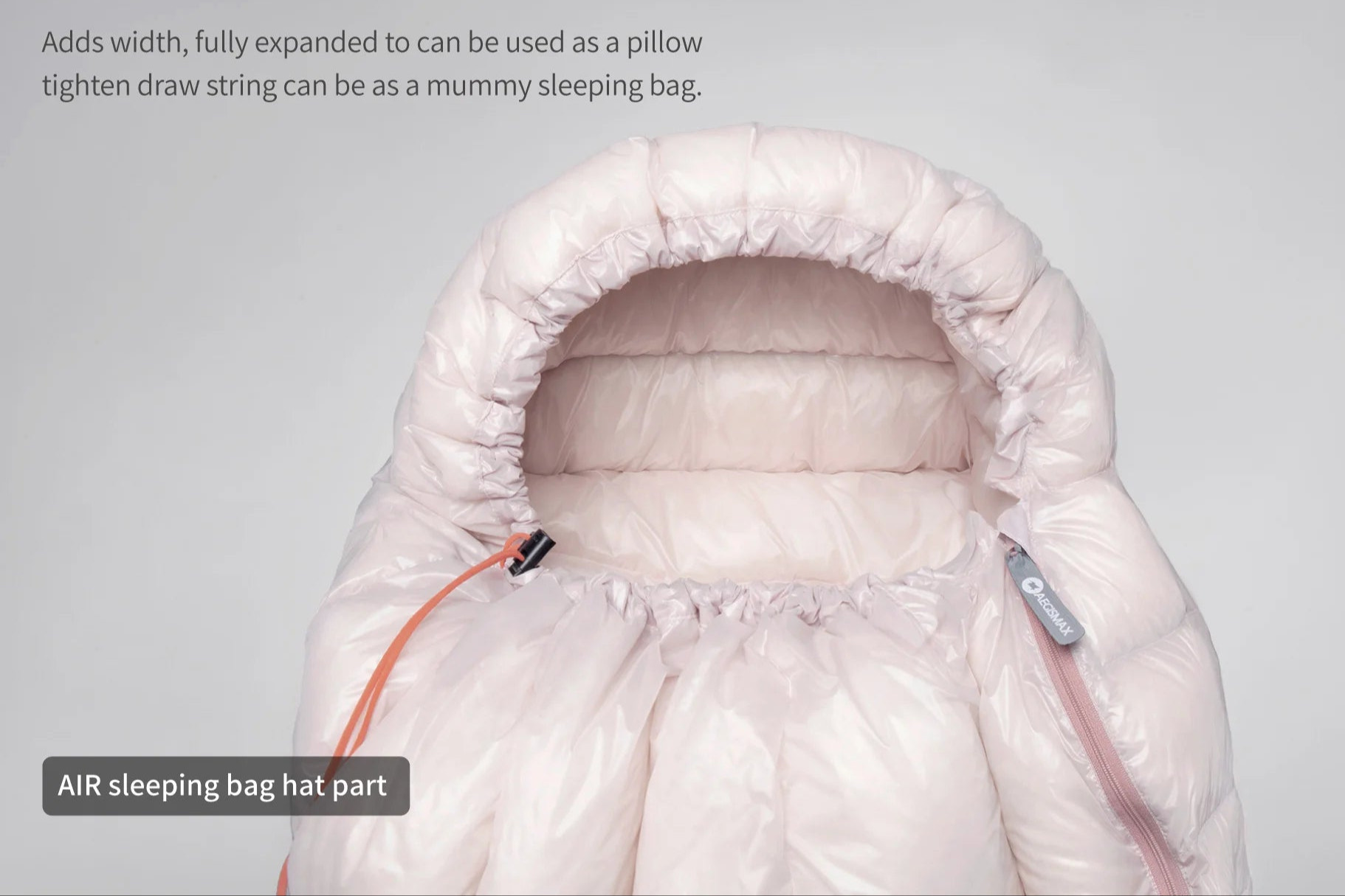 White sleeping bag hood with drawstring on a gray background