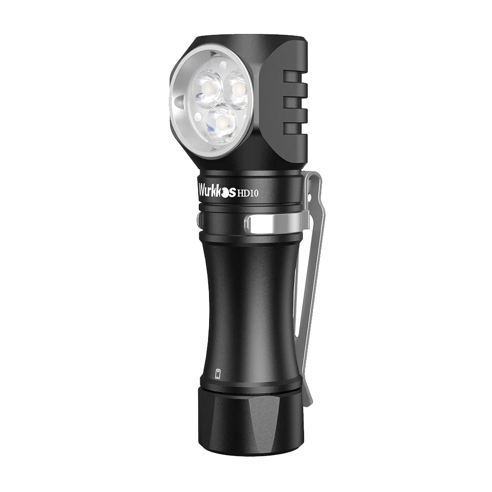 Black flashlight with a white light on a white background