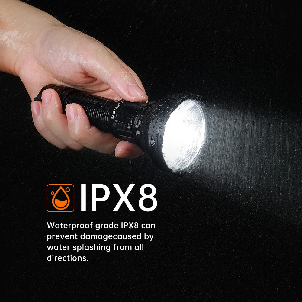 Hand holding a flashlight with IPX8 waterproof rating label on a black background