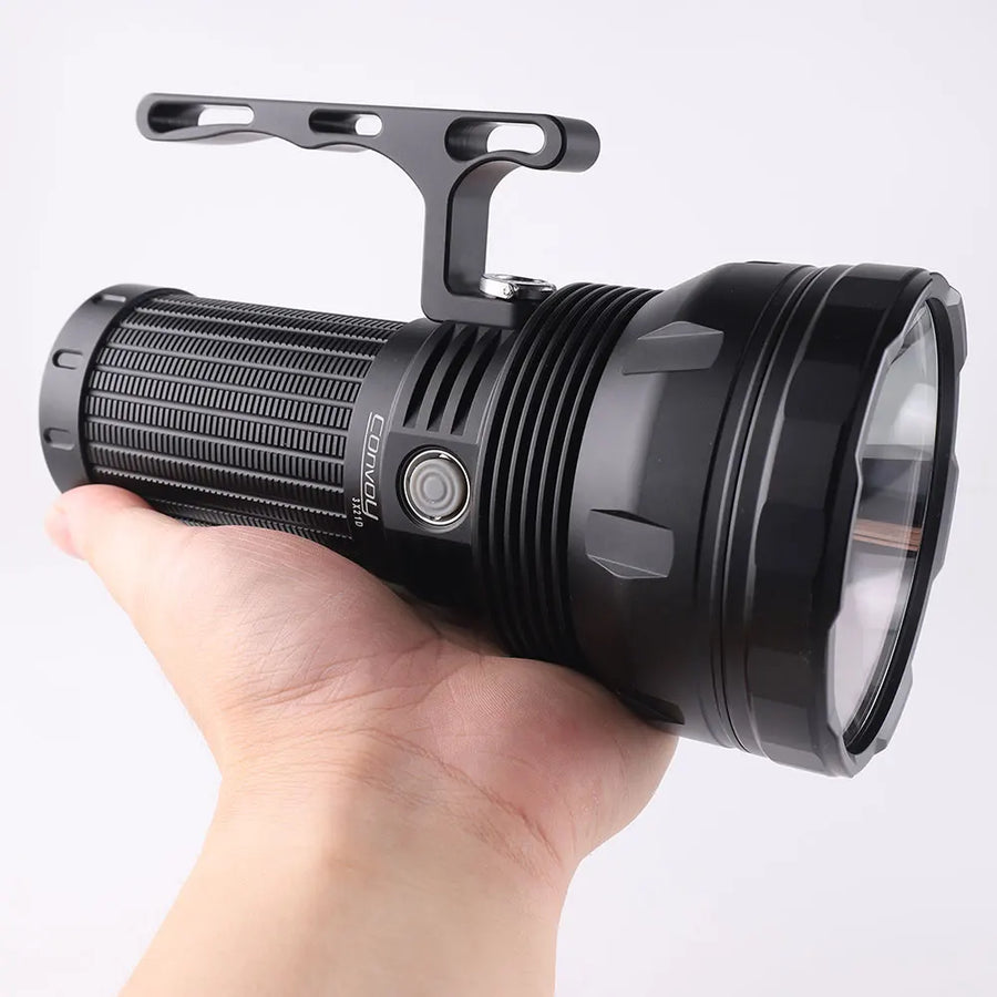 Black flashlight held in a hand against a white background